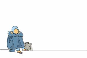 dessin en ligne continu unique femme d'affaires arabe déprimée souffre d'émotion tristesse mélancolie stress avec une mallette assise dans le désespoir sur le sol. travailleur se sentant bleu, stress. vecteur de conception d'une ligne