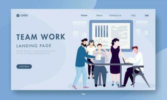 affaires gens travail ensemble sur lieu de travail avec infographie présentation pour travail en équipe concept basé atterrissage page conception. vecteur