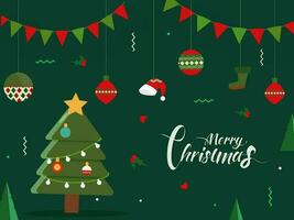 calligraphie de joyeux Noël avec décoratif Noël arbre, pendaison boules, Père Noël chapeau et gant sur vert Contexte pour fête concept. vecteur