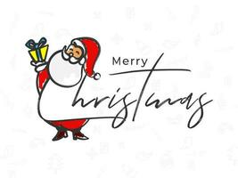 main esquisse de joyeux Noël texte avec Père Noël claus en portant cadeau boîte sur blanc Festival élément modèle Contexte. vecteur
