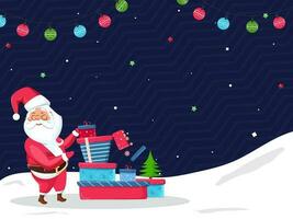 Père Noël claus en présentant cadeau des boites avec Noël arbre et coloré babioles guirlande décoré sur bleu ondulé bande et neigeux Contexte. vecteur