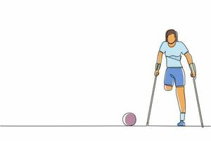 une seule ligne continue dessinant une femme handicapée avec des béquilles jouant au football dans le stade. athlète de football handicapé. sportive amputée jouant à la compétition sportive. vecteur de conception graphique d'une ligne