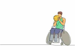 un seul athlète dessinant une ligne en fauteuil roulant joue au basket-ball. homme s'entraînant pour le jeu de tournoi, sport pour personne invalide. tolérance, inclus. vecteur graphique de conception de dessin en ligne continue