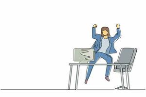 dessin continu d'une ligne heureuse femme d'affaires saute avec les mains levées sur son lieu de travail. femme gestionnaire célébrant le succès de l'augmentation des ventes de produits de l'entreprise. graphique vectoriel de conception de dessin à une seule ligne