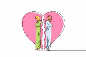 une ligne continue dessinant un couple arabe malheureux debout les bras croisés. conflit familial. rompre la relation. couple marié homme femme en colère, triste contre le cœur brisé. vecteur de conception de dessin à une seule ligne