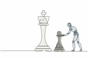 des robots de dessin en ligne continue simples poussent une énorme pièce d'échecs de pion pour abattre le roi. intelligence artificielle robotique moderne. industrie de la technologie électronique. illustration vectorielle de conception graphique d'une ligne vecteur