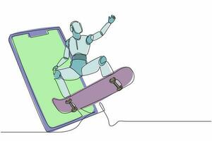 un robot de dessin continu à une ligne sort du téléphone portable et saute avec une planche à roulettes. organisme cybernétique robot humanoïde. futur concept de développement de la robotique. graphique vectoriel de conception de dessin à une seule ligne