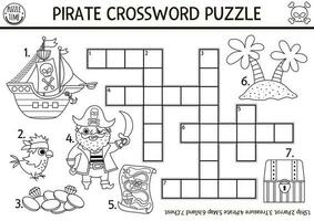 noir et blanc vecteur pirate mots croisés puzzle pour enfants. Facile ligne Trésor île quiz pour les enfants. éducatif activité avec bateau, perroquet, carte, poitrine. mignonne traverser mot ou coloration page