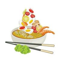 asiatique nourriture ensemble. nourriture bol avec Fruit de mer. japonaise restaurant menu conception éléments isolé sur blanc Contexte. ramen nouilles vecteur