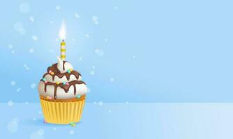 réaliste anniversaire petit gâteau avec arrose et un anniversaire gâteau bougie sur une bleu Contexte avec bokeh effet avec copie espace sur le côté. 3d vecteur illustration