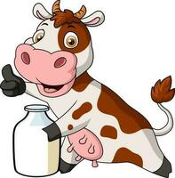 dessin animé mignon de vache avec une bouteille de lait vecteur