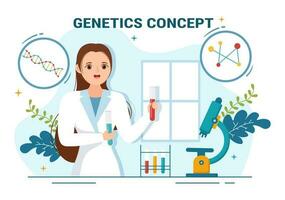 génétique science concept vecteur illustration avec ADN molécule structure et science La technologie dans soins de santé plat dessin animé main tiré modèles