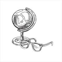 main tiré esquisser de ancien globe et lunettes. ancien vecteur illustration isolé sur blanc Contexte. griffonnage dessin.