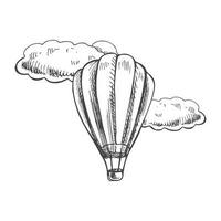 main tiré esquisser de chaud air ballon avec des nuages. ancien vecteur illustration isolé sur blanc Contexte. griffonnage dessin.