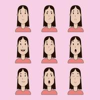 ensemble de femme faciale expressions. vecteur illustration dans plat dessin animé style. une fille avec différent expressions sur sa affronter. fille en riant, en colère, souriant, drôle, triste, surpris.