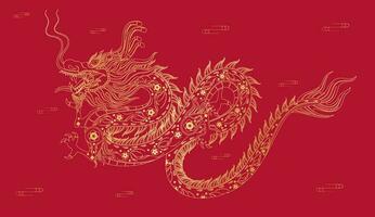 content chinois Nouveau année 2024. chinois dragon, ligne dessin or moderne fleur modèle. sur rouge Contexte pour carte conception impression médias. Chine lunaire calendrier animal. vecteur eps dix.