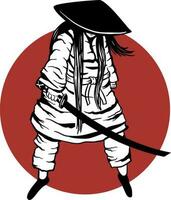 une magnifique samouraï fille dans Japonais armure avec une katana sur sa épaule, permanent dans profil contre le rouge Soleil et forêt, sa cheveux en volant dans le vent. 2d illustration. vecteur