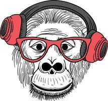 marrant singe dans une des lunettes et dans une rouge écouteurs. humour carte, T-shirt composition, main tiré style imprimer. vecteur illustration.