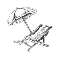 main tiré esquisser de plage chaise avec plage parapluie. ancien vecteur illustration isolé sur blanc Contexte. griffonnage dessin.