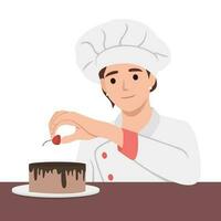fait maison boulangerie. nourriture blogueur, fille cuire gâteau en ligne. culinaire vivre flux, content femme décoration dessert vecteur