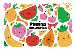 ensemble de mignonne des fruits avec sourit. brillant végétarien nourriture collection sur blanc Contexte. coloré vecteur illustration dans dessin animé style.