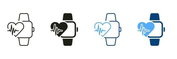 cœur impulsion contrôle dans montre intelligente ligne et silhouette icône ensemble. intelligent regarder La technologie pour sport pictogramme. battement de coeur taux app dans aptitude bracelet symbole collection. isolé vecteur illustration.