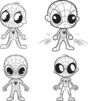 homme araignée pour des gamins quatre adorable vecteur ligne art personnages, coloriage page