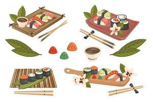 ensemble de asiatique traditionnel aliments. Japonais Nigiri Sushi maki avec poisson, crevette, Fruit de mer. nationale plat fermer avec baguettes, en bois plateau. cuisine concept. vecteur plat illustration pour menu conception