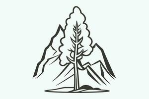 Montagne esquisser, contour style noir et blanc montagnes et arbre vecteur, Montagne arbre icône illustration, Montagne logo vecteur