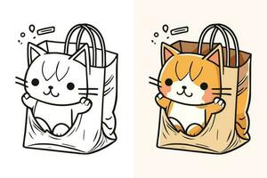 le personnage de une peu chat dans une papier achats sac, mignonne chat, chat dessin animé, chat dessin, chat mascotte vecteur