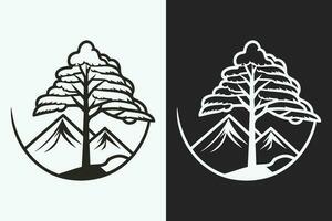 Montagne esquisser, contour style noir et blanc montagnes et arbre vecteur, Montagne arbre icône illustration, Montagne logo vecteur