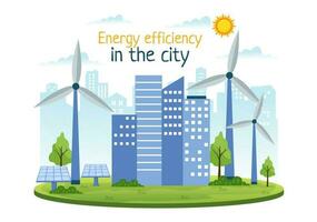 énergie Efficacité dans le ville vecteur illustration avec durable environnement pour électricité généré de Soleil et vent dans main tiré modèles