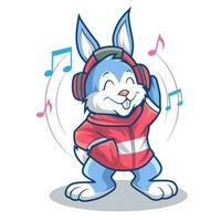 mignonne lapin portant écouteurs et écoute à la musique vecteur