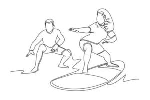 Célibataire un ligne dessin apprendre à le surf avec entraîneur. classe il en haut concept. continu ligne dessiner conception graphique vecteur illustration.