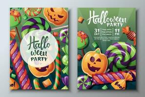 vecteur ensemble de Halloween fête invitations ou salutation cartes avec bonbons, citrouille biscuits