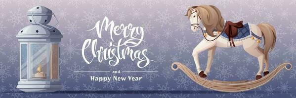 Noël bannière avec lanterne et balancement cheval. de fête Contexte avec une Nouveau année s jouet sur une bleu Contexte. vecteur hiver illustration.