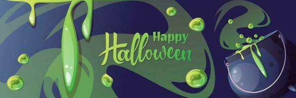 Halloween bannière modèle avec sorcière chaudron et potion. la magie, la sorcellerie, occultisme. verticale Contexte pour affiches, dépliants, affiches, etc. vecteur