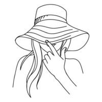 fille dans Panama chapeau de le Soleil un continu ligne art. Jeune Dame dans une chapeau avec une minimaliste linéaire style imprimer. vecteur illustration.