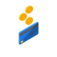 en espèces avoir une banque carte bleu droite vue - blanc Contexte icône vecteur isométrique. cashback un service et en ligne argent remboursement. concept de transfert argent, commerce électronique, économie compte.