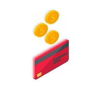 en espèces avoir une banque carte rouge droite vue - ombre icône vecteur isométrique. cashback un service et en ligne argent remboursement. concept de transfert argent, commerce électronique, économie compte.