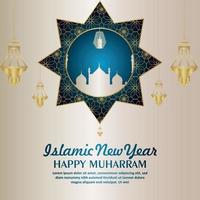 nouvel an islamique joyeux muharram modèle réaliste lanterne dorée et mosquée vecteur