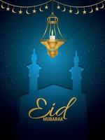 eid mubarak festival islamique avec lanterne dorée et mosquée sur fond bleu vecteur