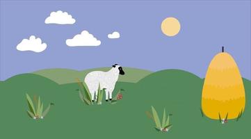 un mouton blanc sur une prairie verte avec une illustration vectorielle de foin concept vecteur