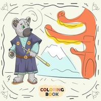 livre illustration de contour de couleur pour les petits enfants dans le style de doodle ours en peluche dans le costume de samouraï kimono japonais national vecteur