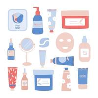 ensemble de produits et outils de soins de la peau vector illustration