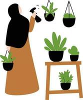 une vecteur illustration de une femme arrosage mis en pot plantes d'intérieur.