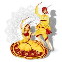 illustration de couple dans Dandiya Danse pose sur blanc mandala floral Contexte. vecteur