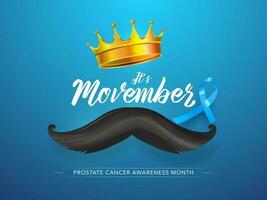 calligraphie de c'est movember avec d'or couronne, moustache et bleu ruban pour prostate cancer conscience mois concept basé affiche conception. vecteur