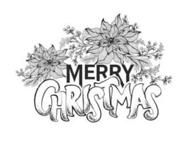 main tiré joyeux Noël texte avec poinsettia fleurs, Noël feuilles et baie branches décoré sur blanc Contexte. vecteur