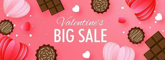 gros vente entête ou bannière conception avec Chocolat et papier Couper cœurs décoré sur rose Contexte pour la Saint-Valentin journée. vecteur